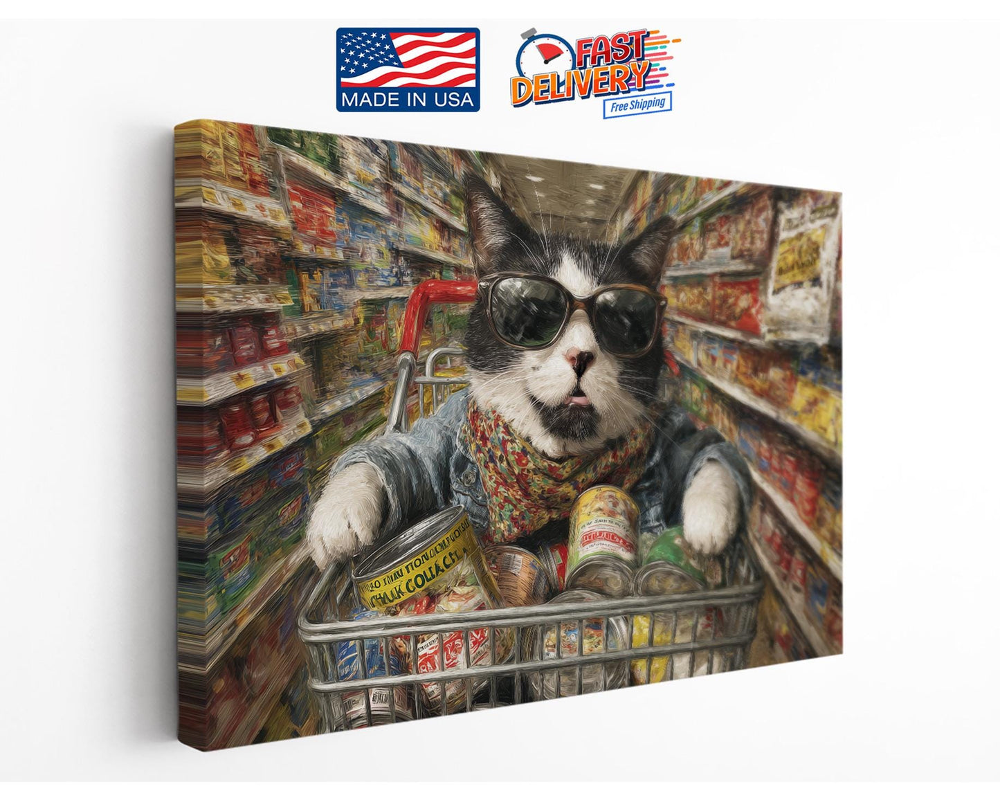 Funny Cat Canvas Art - Colorful Supermarket Cat Painting on Artist-Grade Canvas