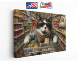 Funny Cat Canvas Art - Colorful Supermarket Cat Painting on Artist-Grade Canvas