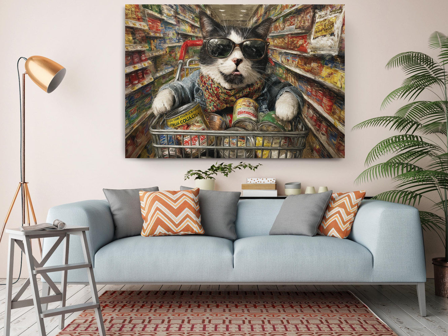 Funny Cat Canvas Art - Colorful Supermarket Cat Painting on Artist-Grade Canvas
