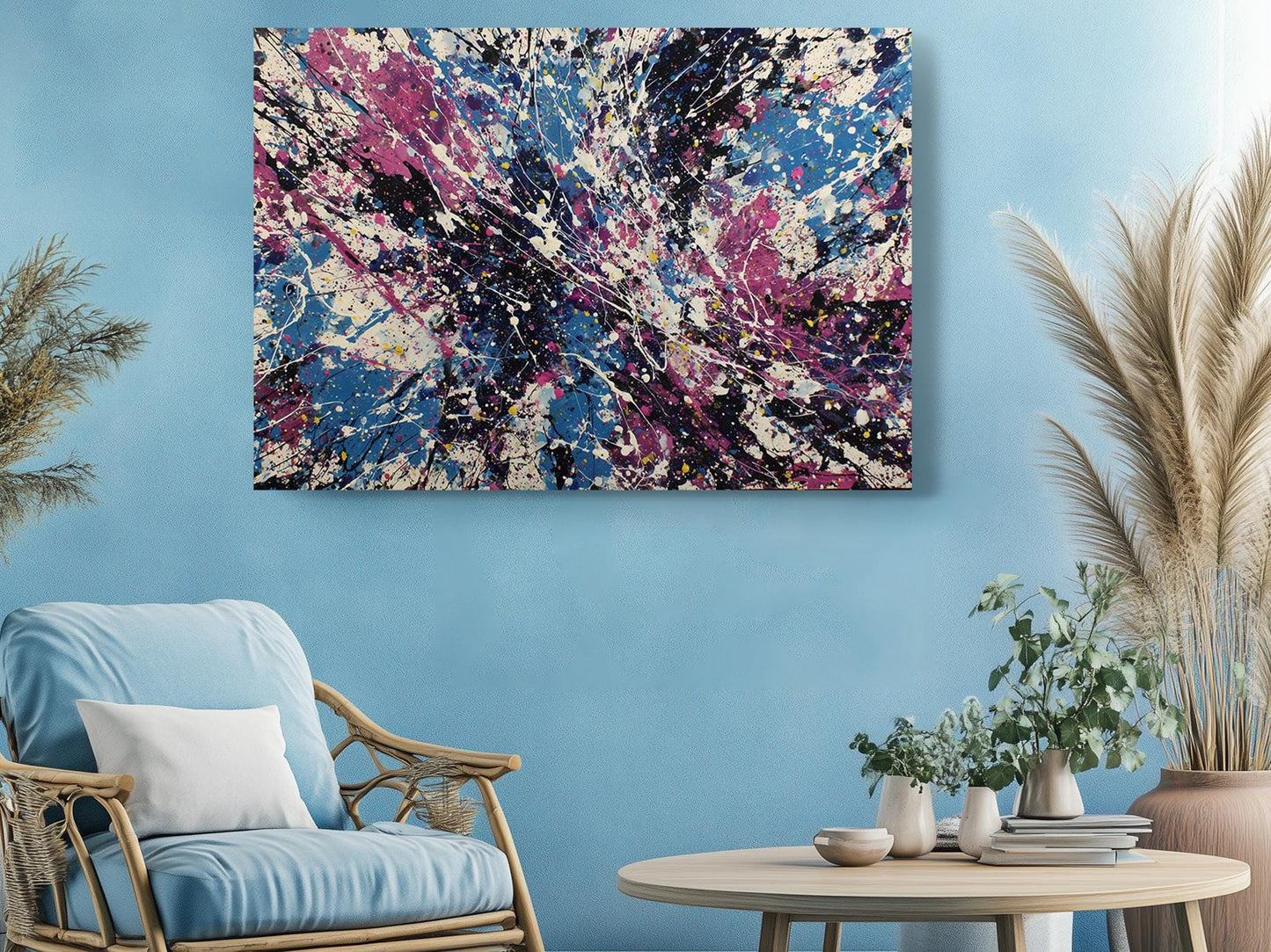 Abstract Canvas Wall Art – Cosmic Pollock Style Splatter Painting, Framed Print