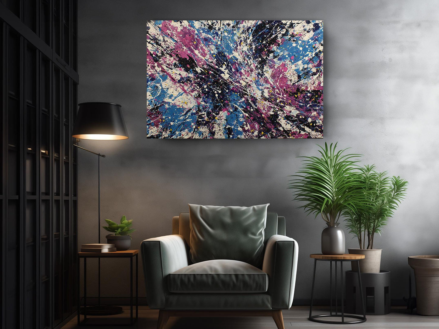 Abstract Canvas Wall Art – Cosmic Pollock Style Splatter Painting, Framed Print