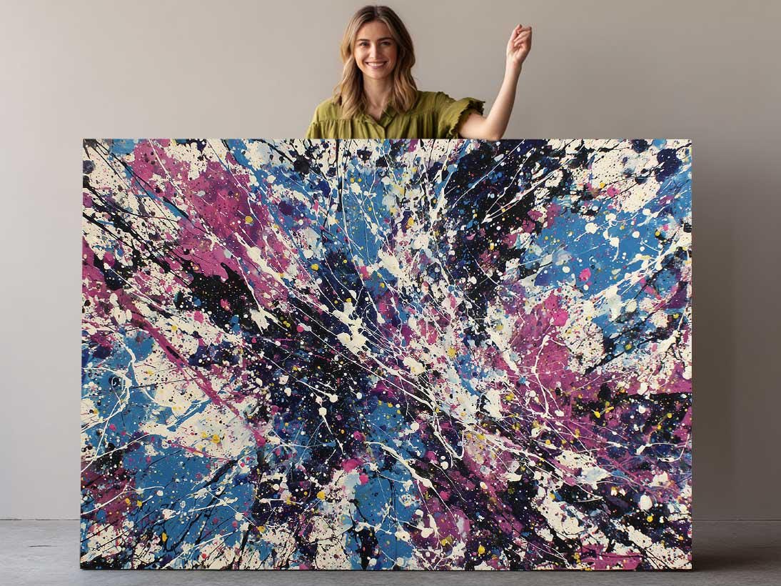 Abstract Canvas Wall Art – Cosmic Pollock Style Splatter Painting, Framed Print