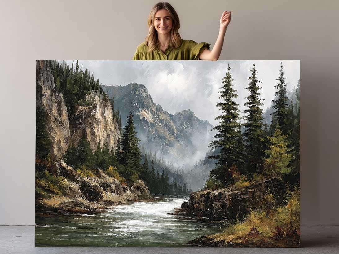 Rocky Mountain Canvas Art - Dramatic Cliff & Forest Landscape Wall Decor Print