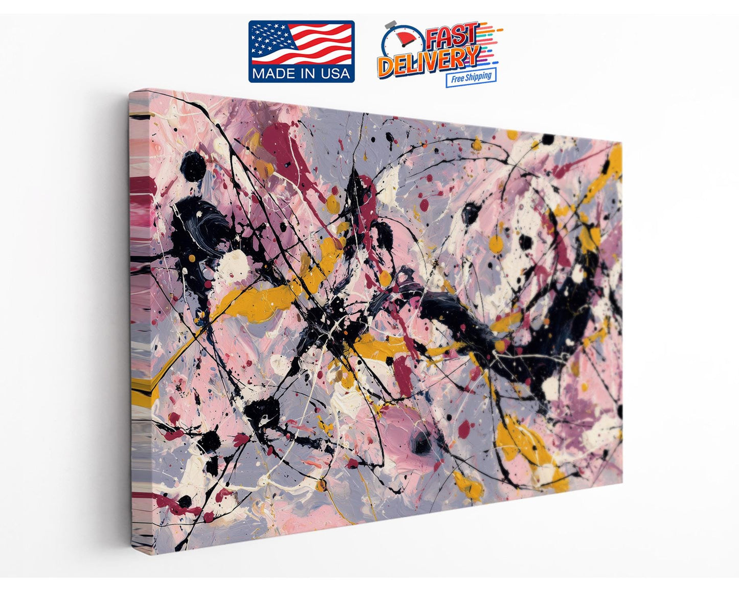 Abstract Canvas Art – Pink Yellow Painting | Modern Expressionist Drip Print