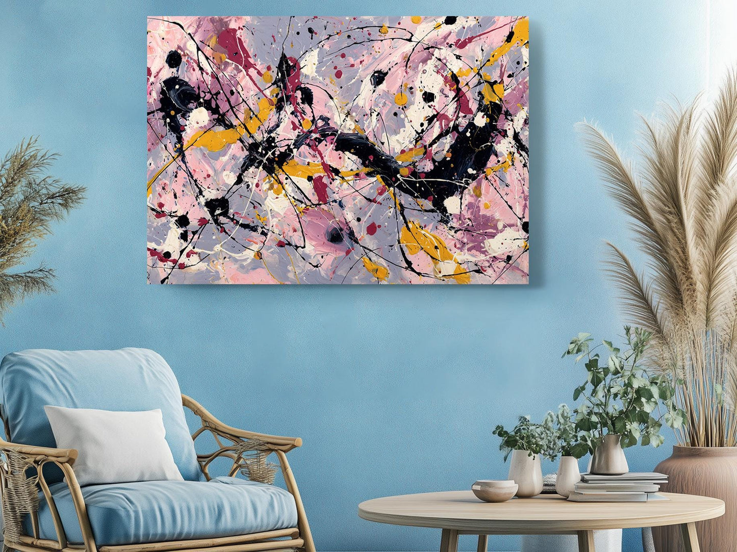 Abstract Canvas Art – Pink Yellow Painting | Modern Expressionist Drip Print