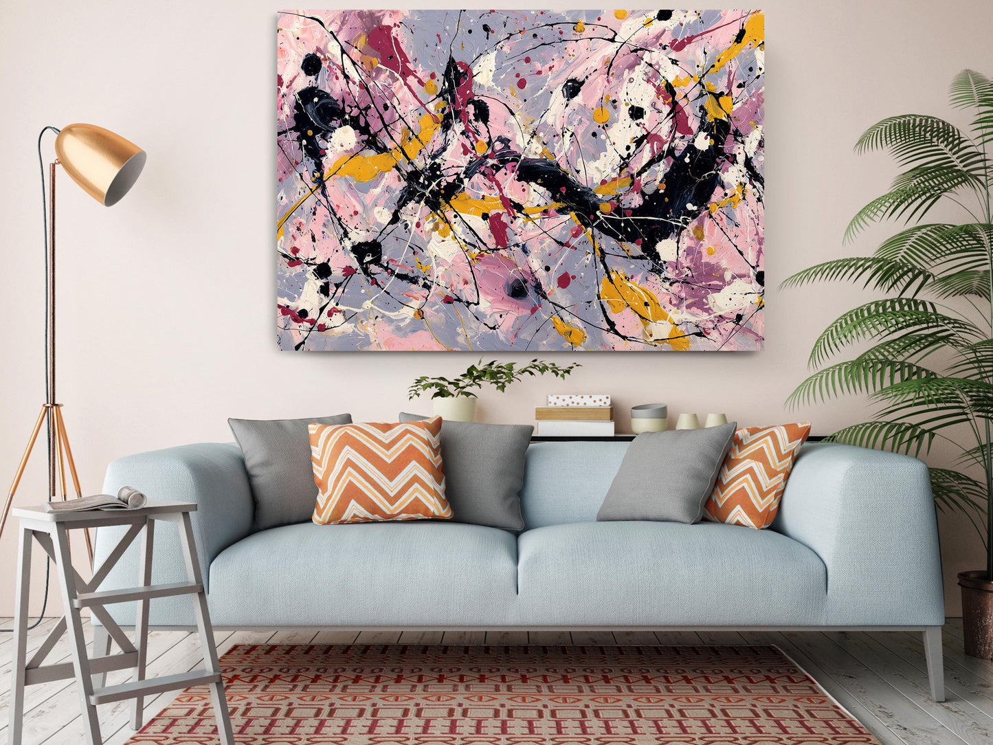 Abstract Canvas Art – Pink Yellow Painting | Modern Expressionist Drip Print