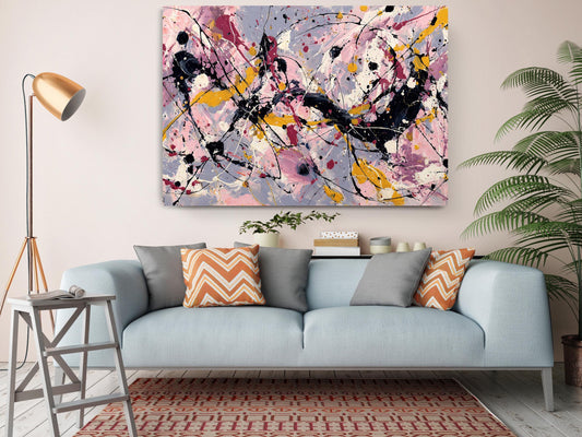 Abstract Canvas Art – Pink Yellow Painting | Modern Expressionist Drip Print