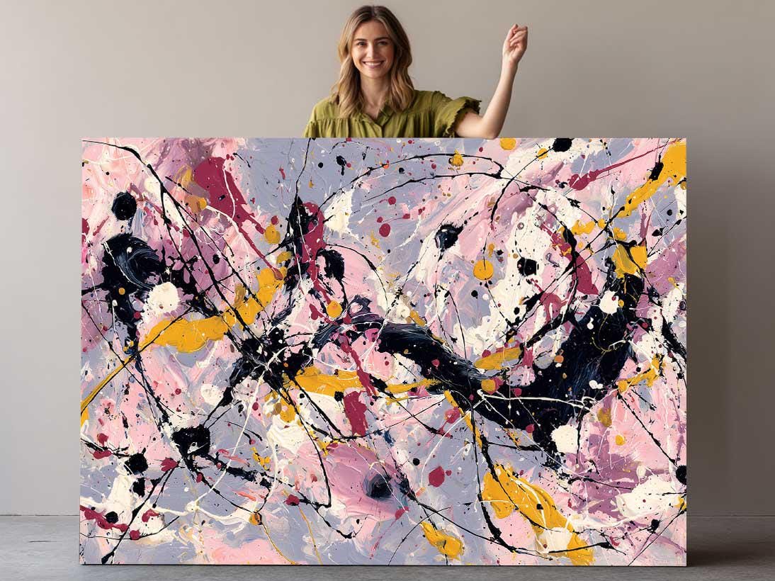 Abstract Canvas Art – Pink Yellow Painting | Modern Expressionist Drip Print