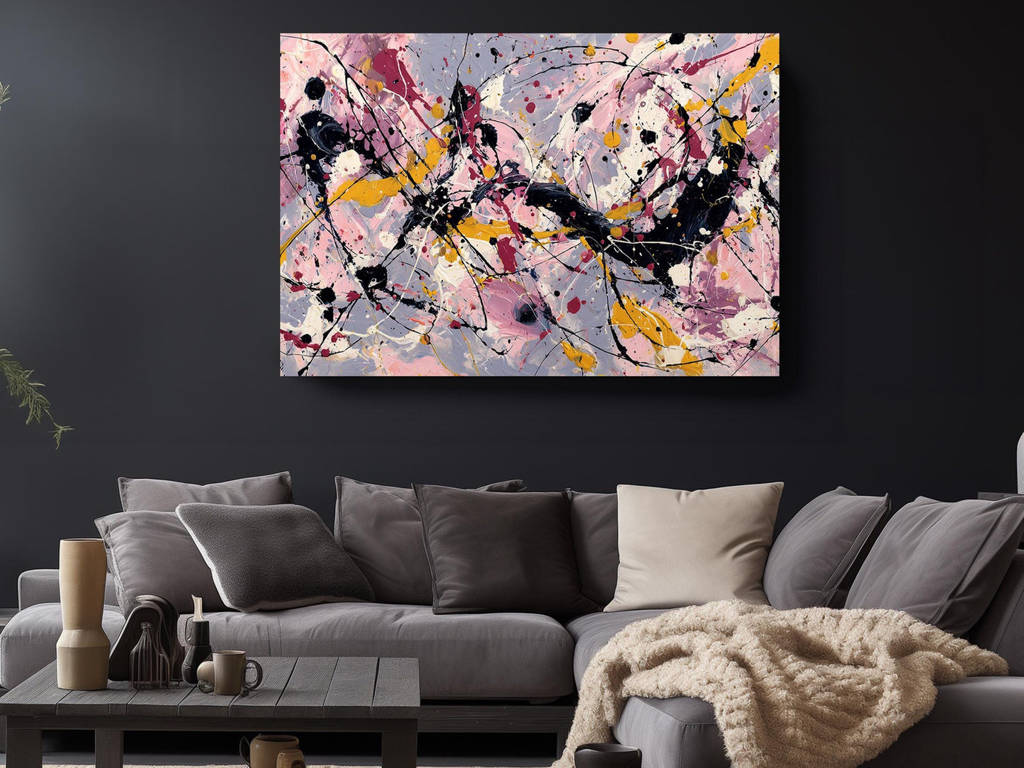 Abstract Canvas Art – Pink Yellow Painting | Modern Expressionist Drip Print