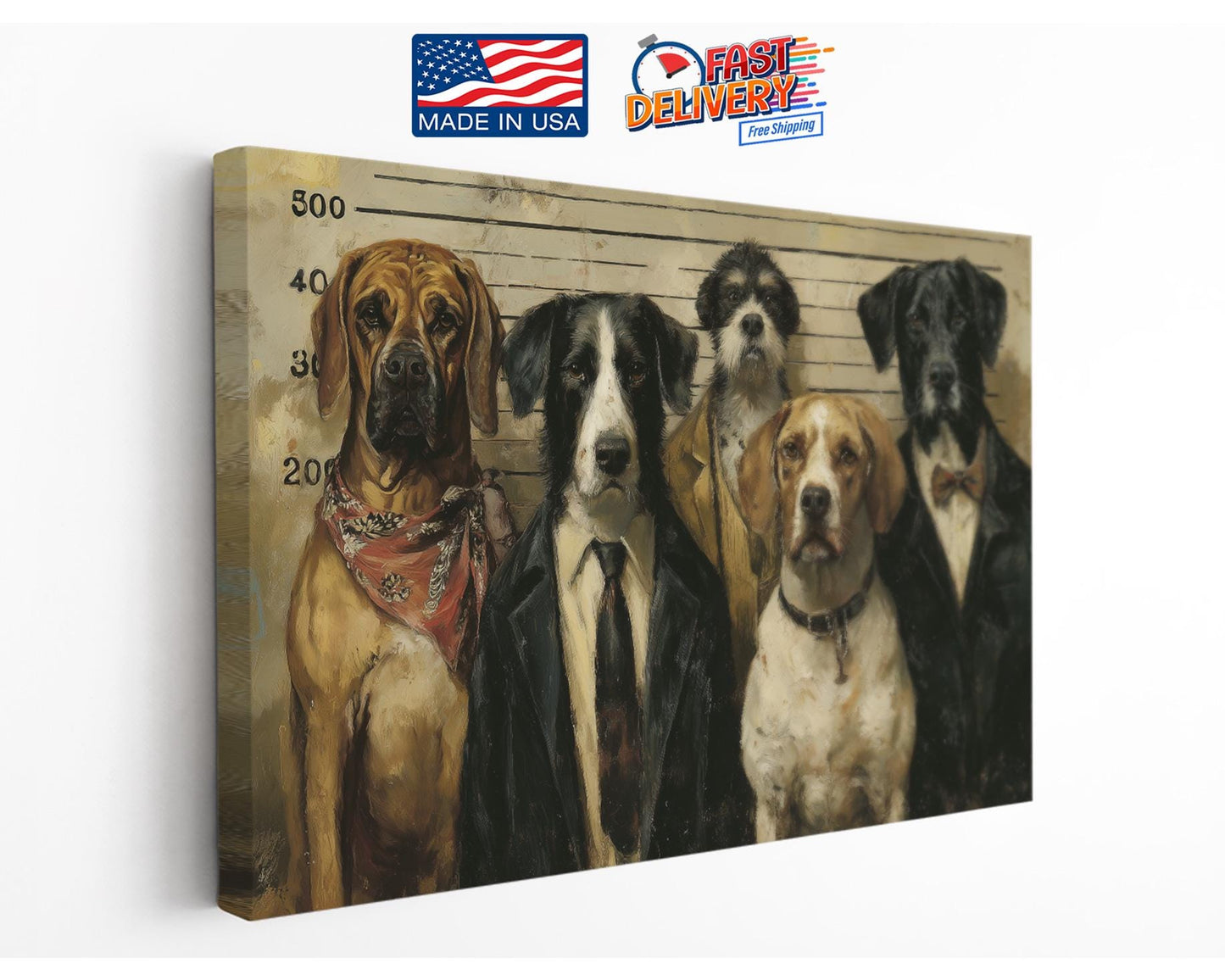 Dog Police Lineup Art - Humorous Canvas Wall Art | Ready to Hang or Rolled Print
