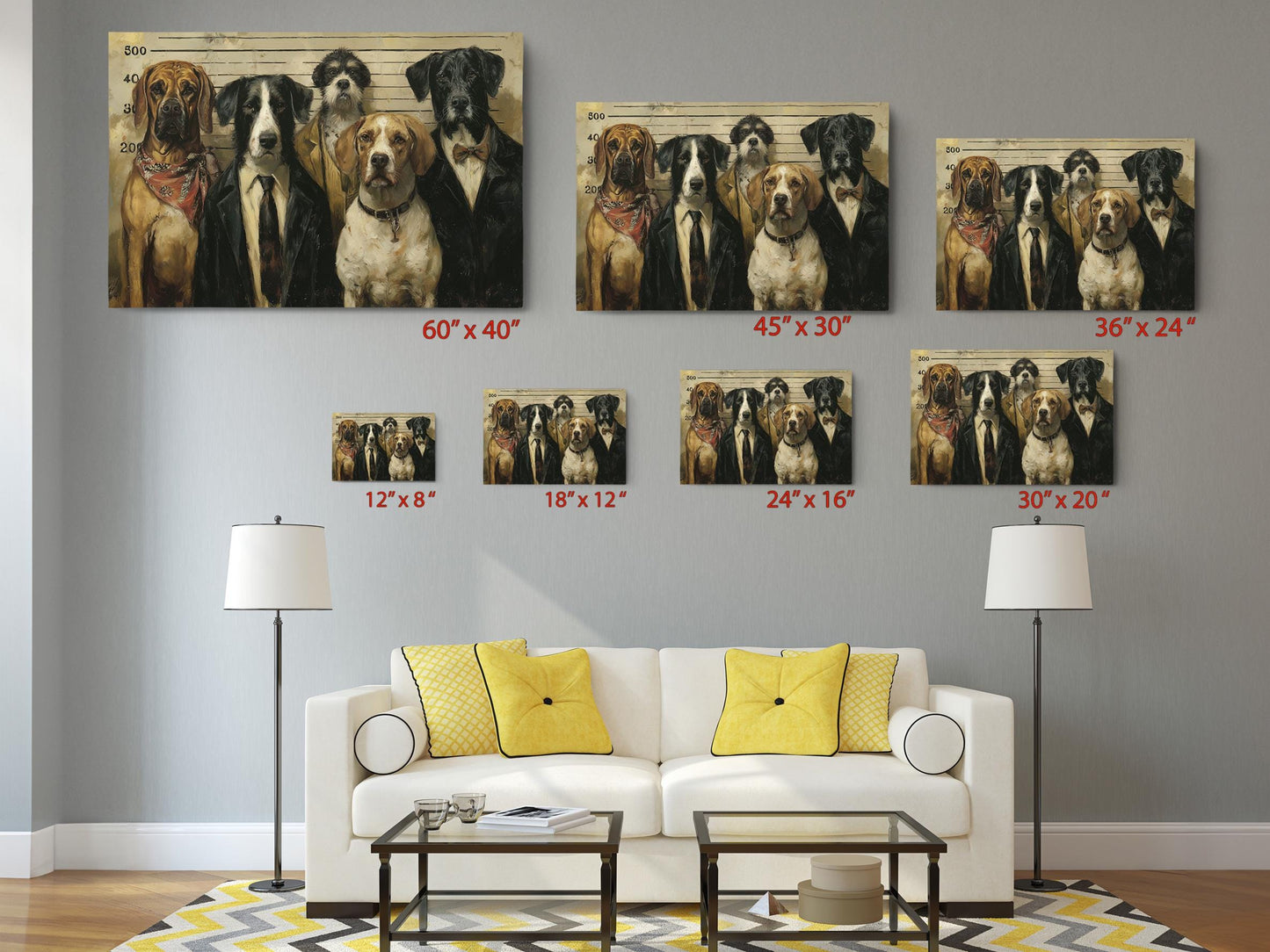 Dog Police Lineup Art - Humorous Canvas Wall Art | Ready to Hang or Rolled Print