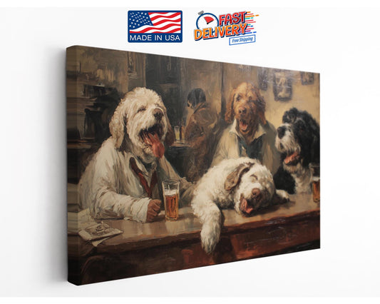 Dogs at Pub Canvas - Vintage Bar Art | Funny Dog Print Ready to Hang