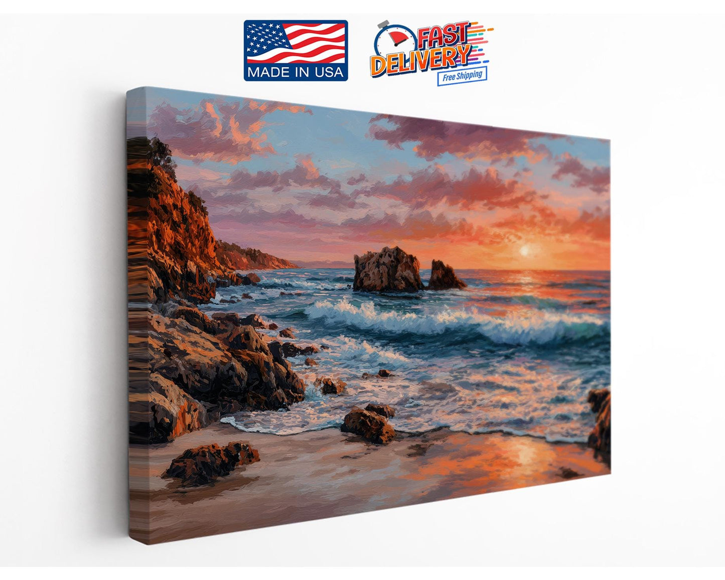 Coastal Canvas Wall Art – Sunset Ocean Waves Rocky Shore Framed or Rolled Print