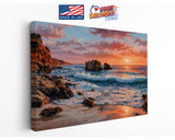 Coastal Canvas Wall Art – Sunset Ocean Waves Rocky Shore Framed or Rolled Print