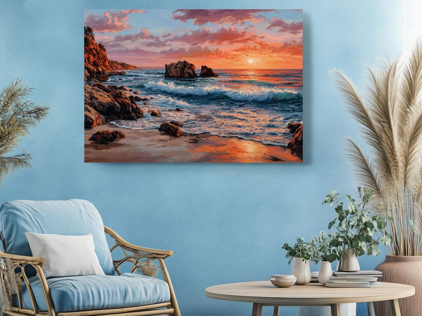 Coastal Canvas Wall Art – Sunset Ocean Waves Rocky Shore Framed or Rolled Print