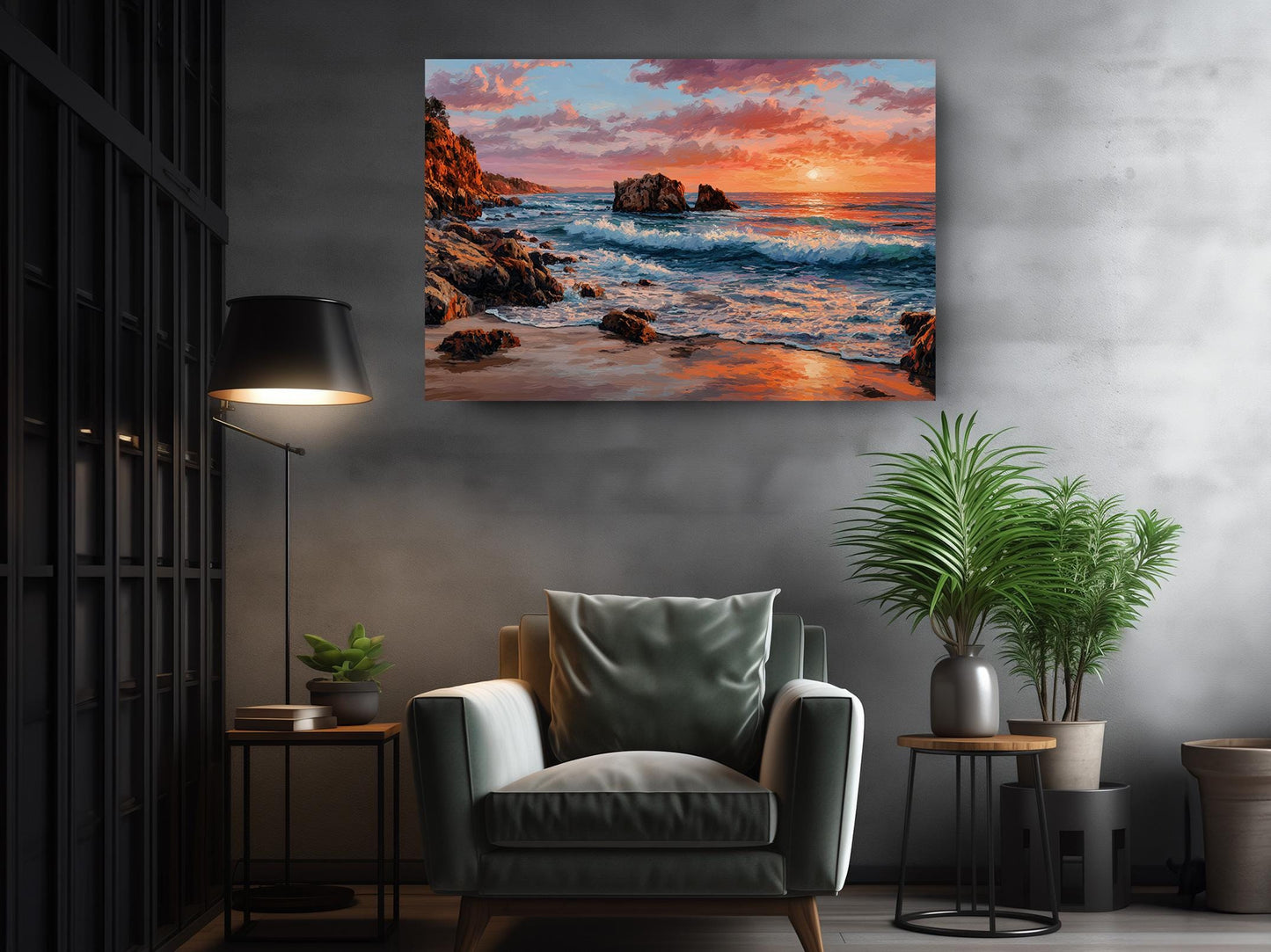 Coastal Canvas Wall Art – Sunset Ocean Waves Rocky Shore Framed or Rolled Print