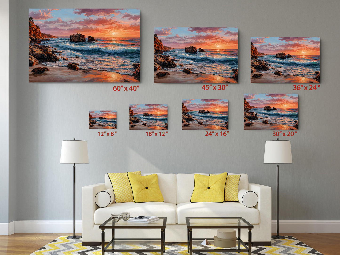 Coastal Canvas Wall Art – Sunset Ocean Waves Rocky Shore Framed or Rolled Print
