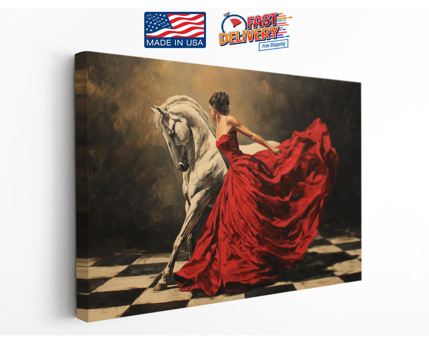 Canvas Art Print – Elegant Lady and White Horse in Red Dress | Museum Quality