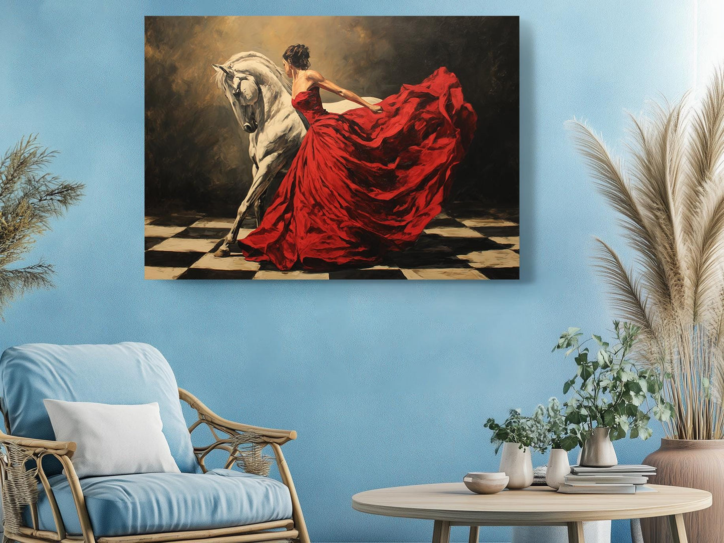 Canvas Art Print – Elegant Lady and White Horse in Red Dress | Museum Quality