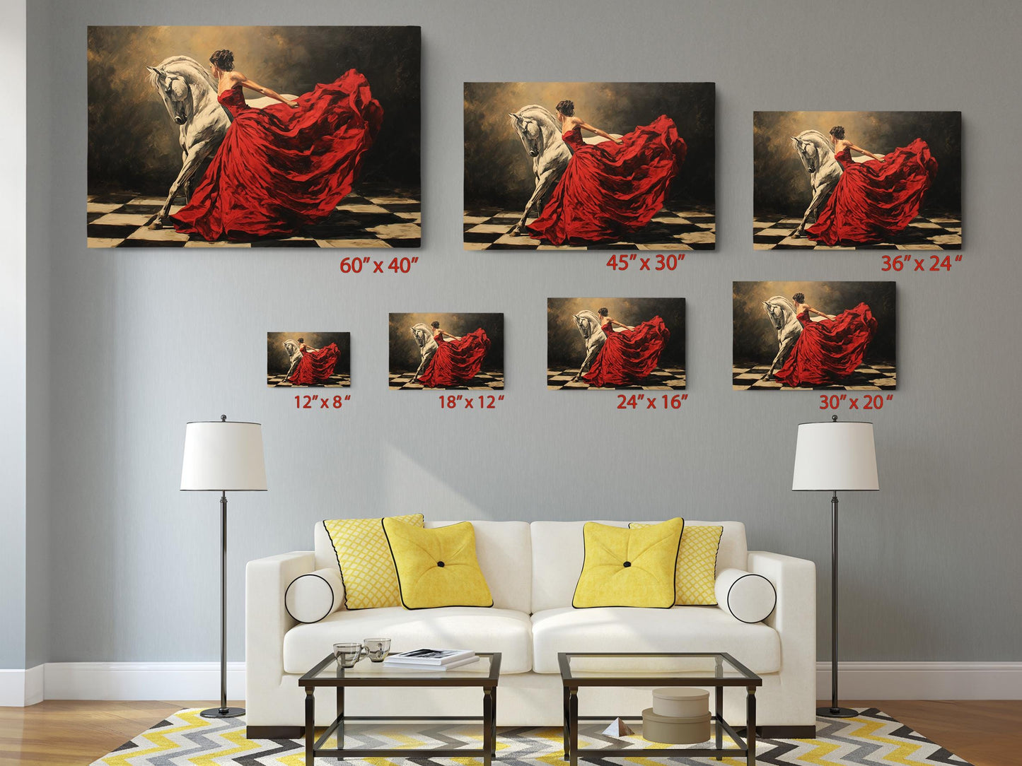 Canvas Art Print – Elegant Lady and White Horse in Red Dress | Museum Quality