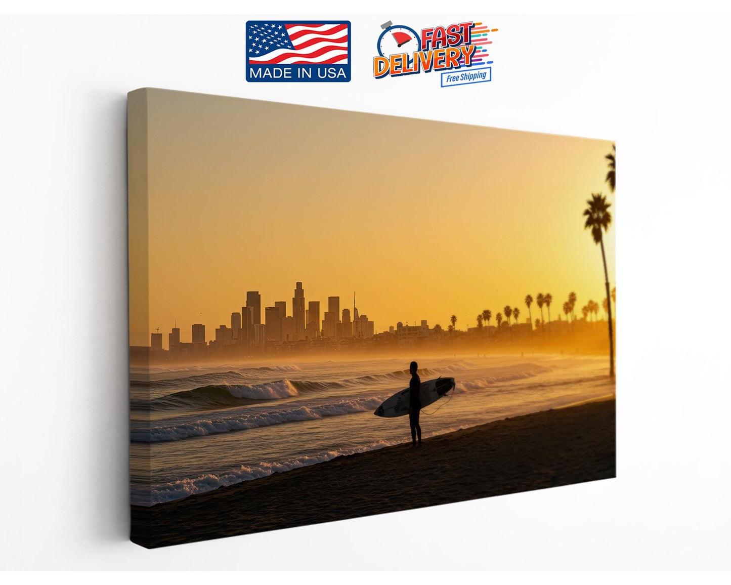 California Sunset Canvas Print – Surfer Silhouette Coastal Wall Art, Ready to Hang