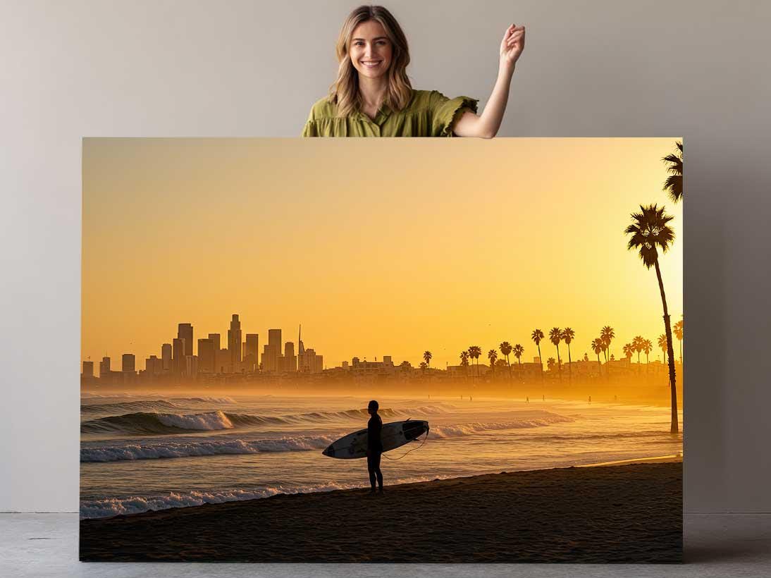 California Sunset Canvas Print – Surfer Silhouette Coastal Wall Art, Ready to Hang