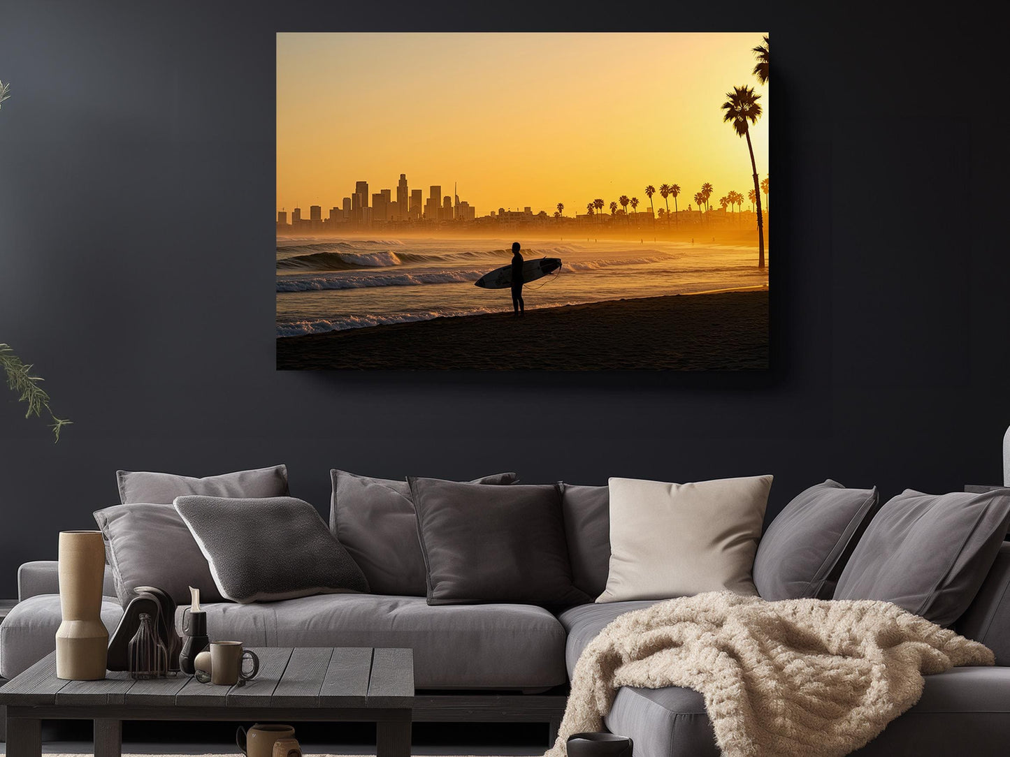 California Sunset Canvas Print – Surfer Silhouette Coastal Wall Art, Ready to Hang