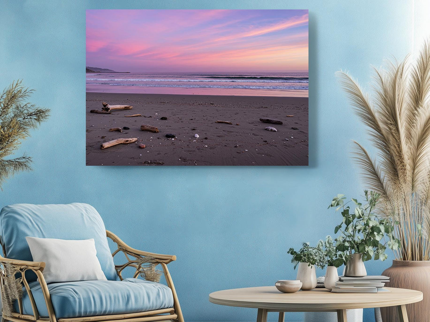 Pastel Sunset Beach Canvas | Coastal Wall Art - Driftwood Shore Print, Museum Quality
