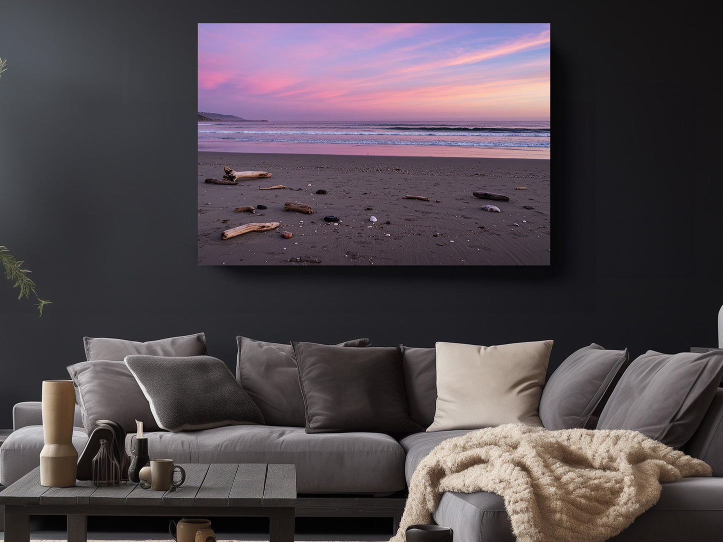 Pastel Sunset Beach Canvas | Coastal Wall Art - Driftwood Shore Print, Museum Quality