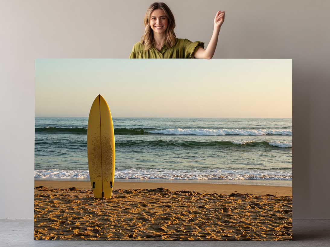 Surfboard Beach Canvas | Coastal Wall Art - Golden Sand Print on Wood Frame