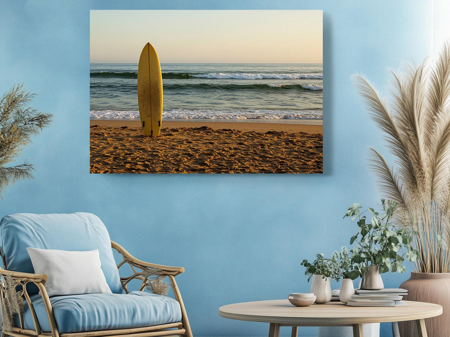Surfboard Beach Canvas | Coastal Wall Art - Golden Sand Print on Wood Frame