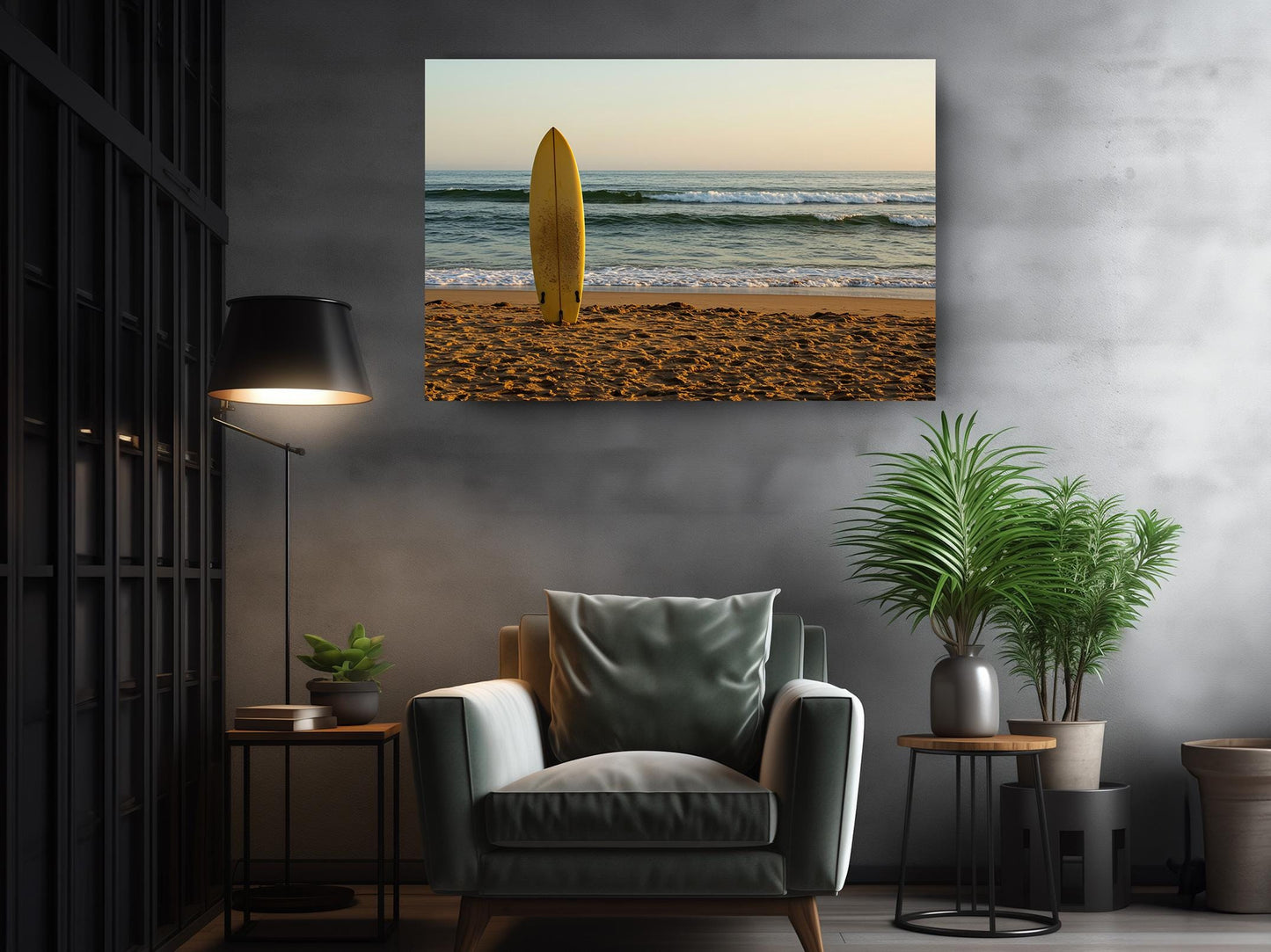 Surfboard Beach Canvas | Coastal Wall Art - Golden Sand Print on Wood Frame