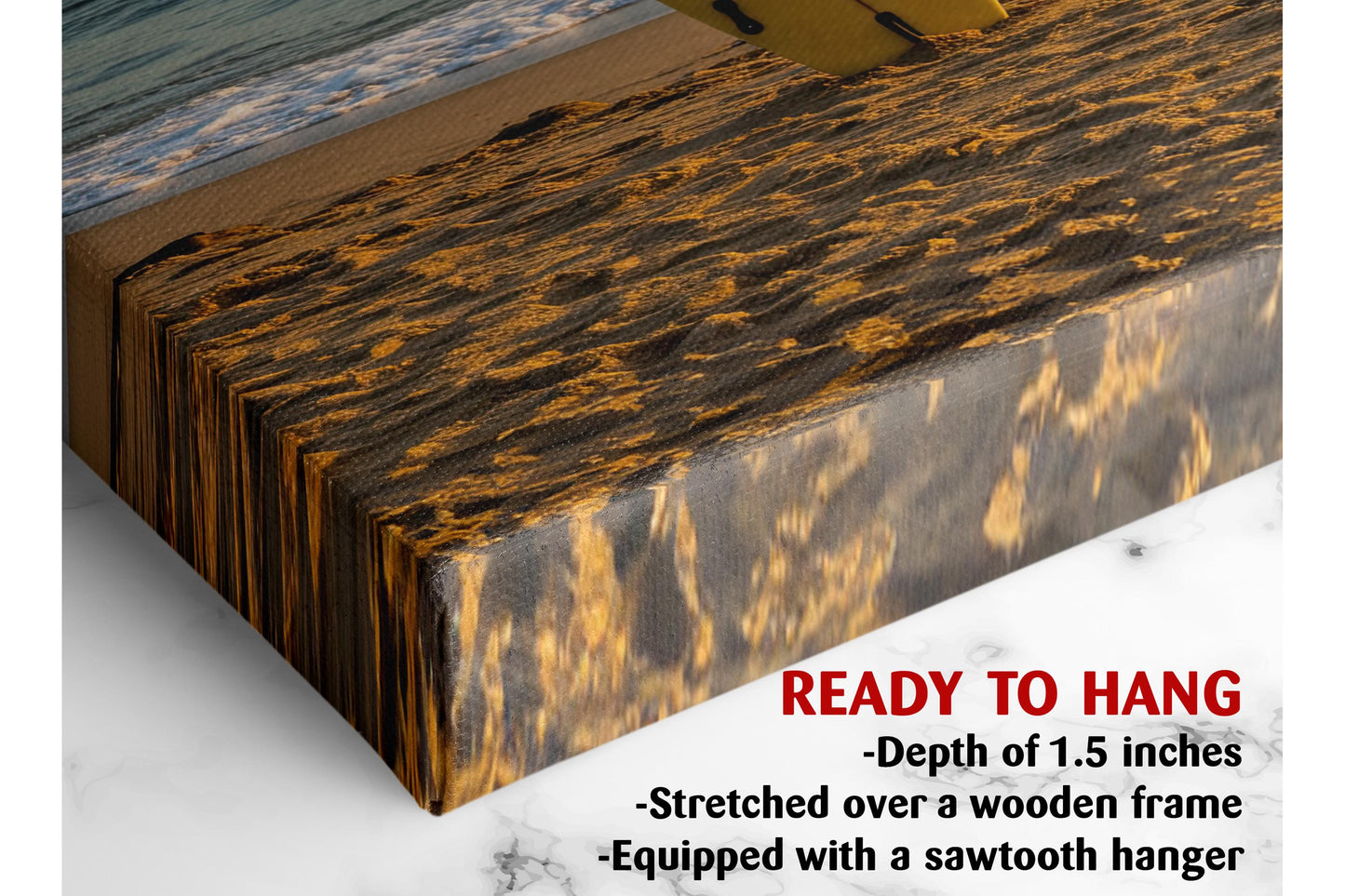 Surfboard Beach Canvas | Coastal Wall Art - Golden Sand Print on Wood Frame