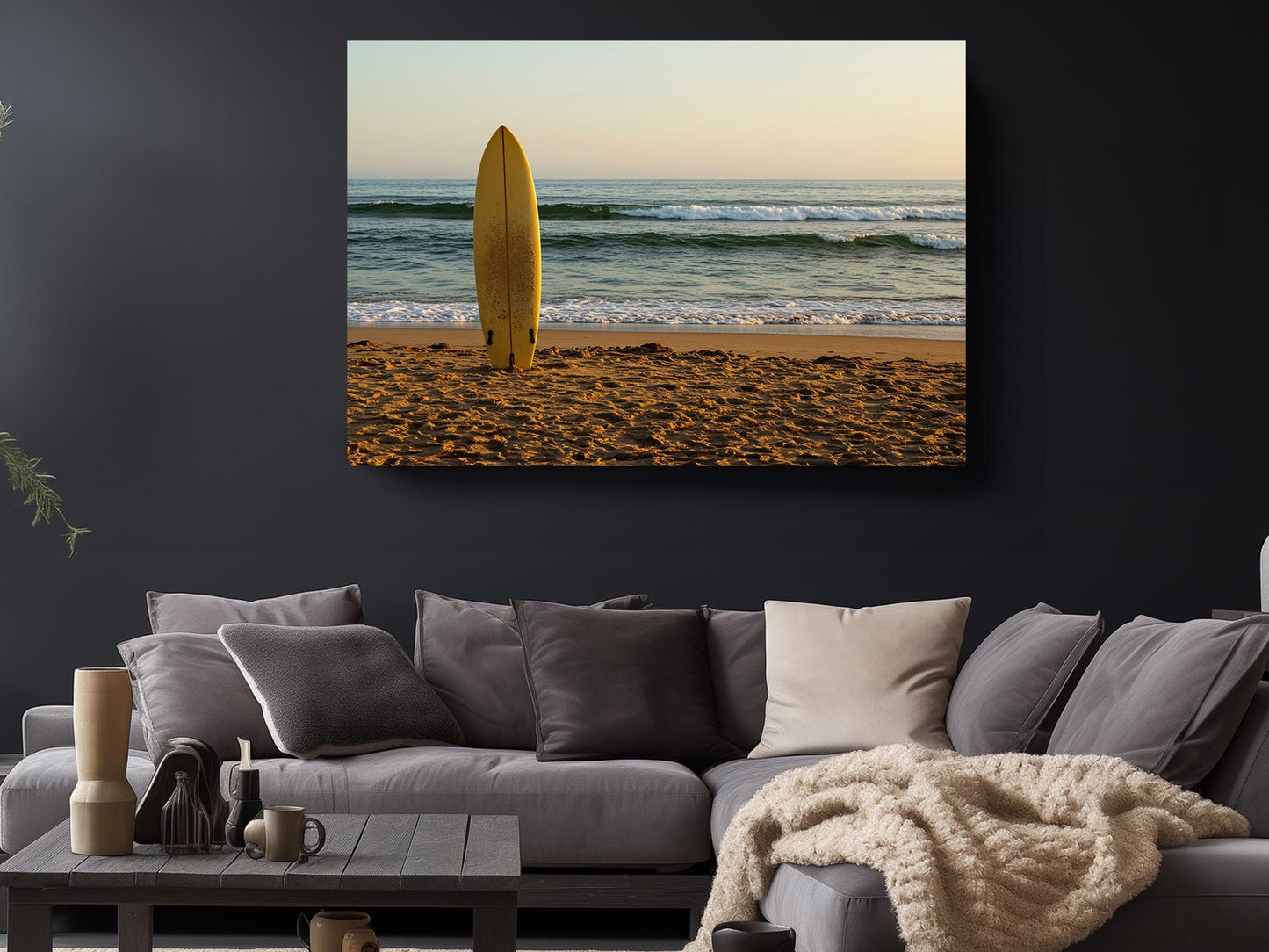 Surfboard Beach Canvas | Coastal Wall Art - Golden Sand Print on Wood Frame