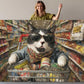 Funny Cat Canvas Art - Colorful Supermarket Cat Painting on Artist-Grade Canvas