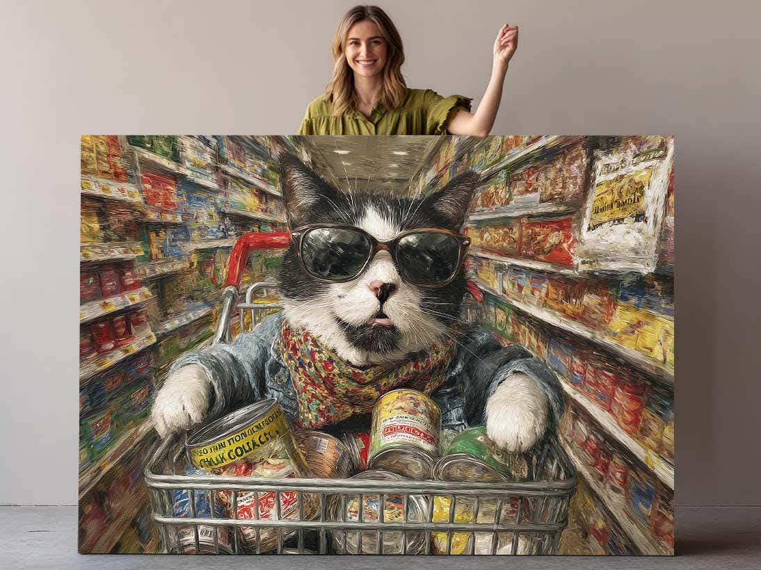Funny Cat Canvas Art - Colorful Supermarket Cat Painting on Artist-Grade Canvas