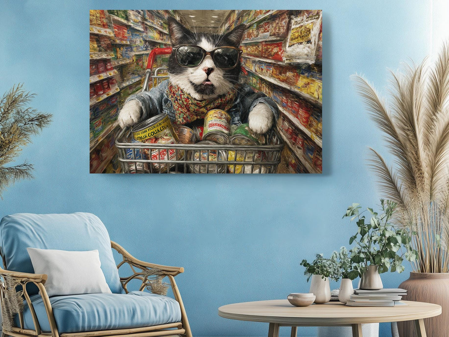 Funny Cat Canvas Art - Colorful Supermarket Cat Painting on Artist-Grade Canvas