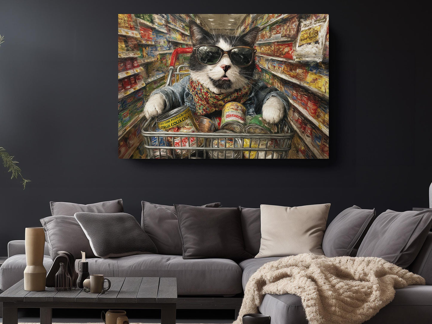 Funny Cat Canvas Art - Colorful Supermarket Cat Painting on Artist-Grade Canvas