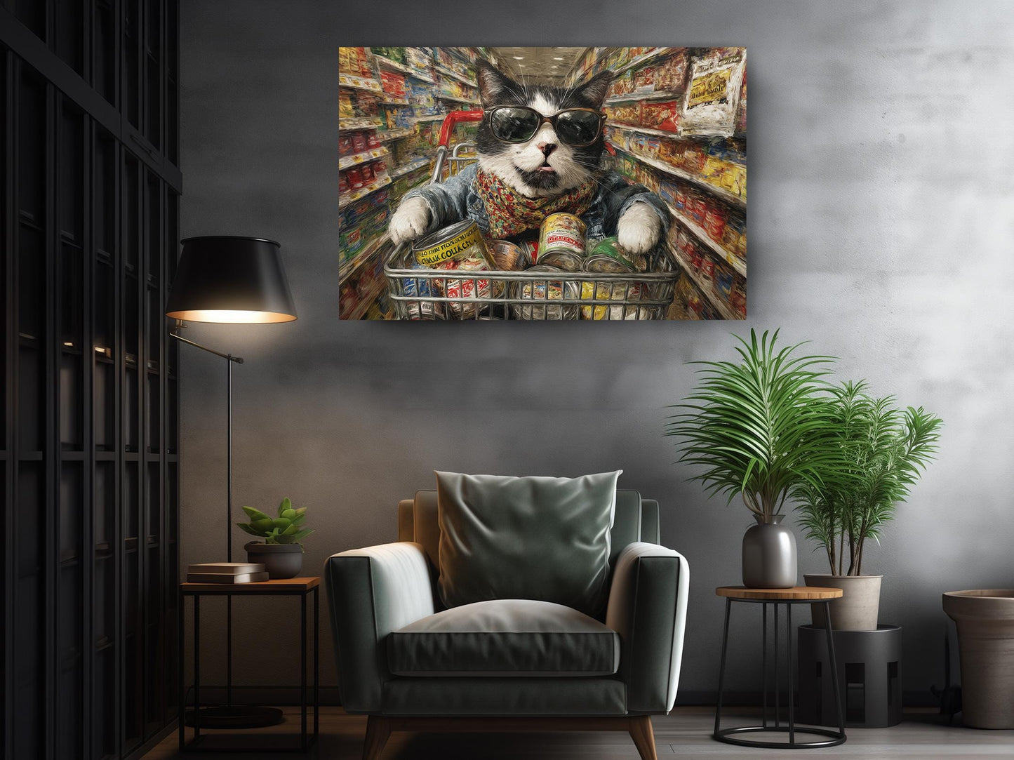 Funny Cat Canvas Art - Colorful Supermarket Cat Painting on Artist-Grade Canvas