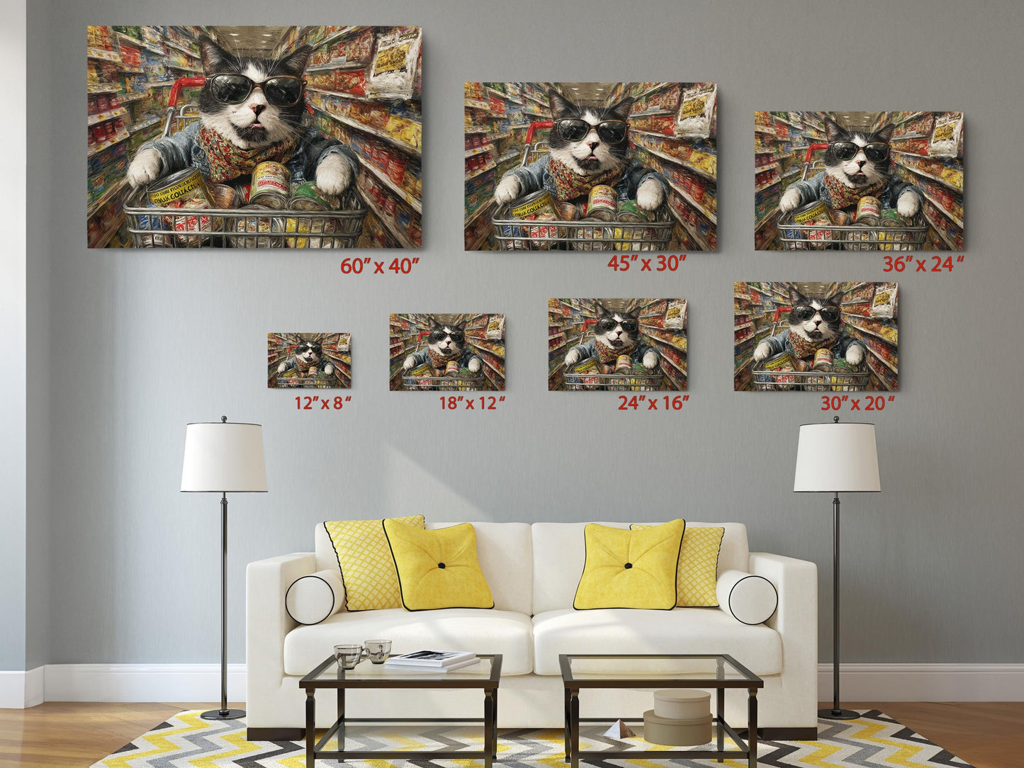 Funny Cat Canvas Art - Colorful Supermarket Cat Painting on Artist-Grade Canvas