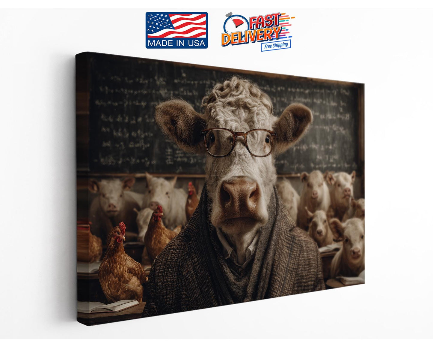 Funny Farm Animal Print - Wise Cow Professor Canvas Wall Art | Elite Canvas Art