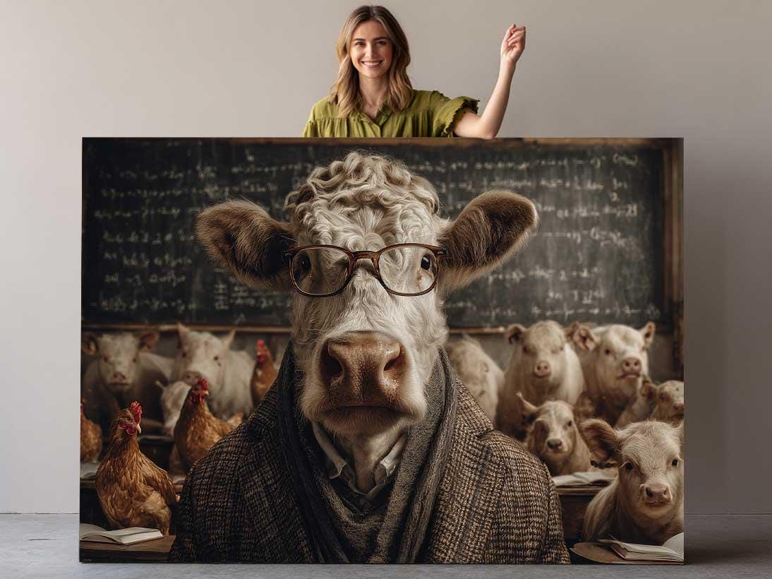 Funny Farm Animal Print - Wise Cow Professor Canvas Wall Art | Elite Canvas Art