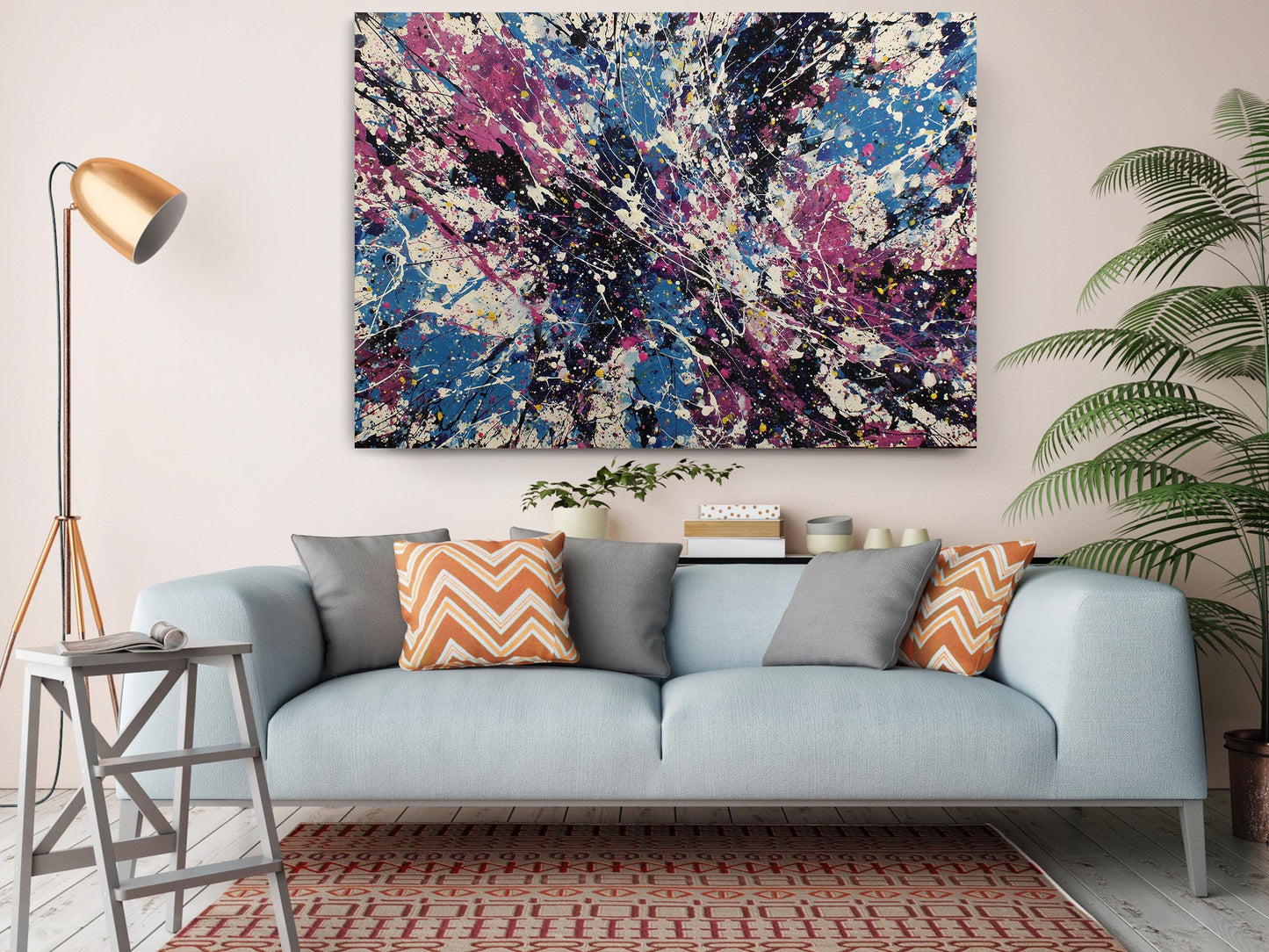 Abstract Canvas Wall Art – Cosmic Pollock Style Splatter Painting, Framed Print