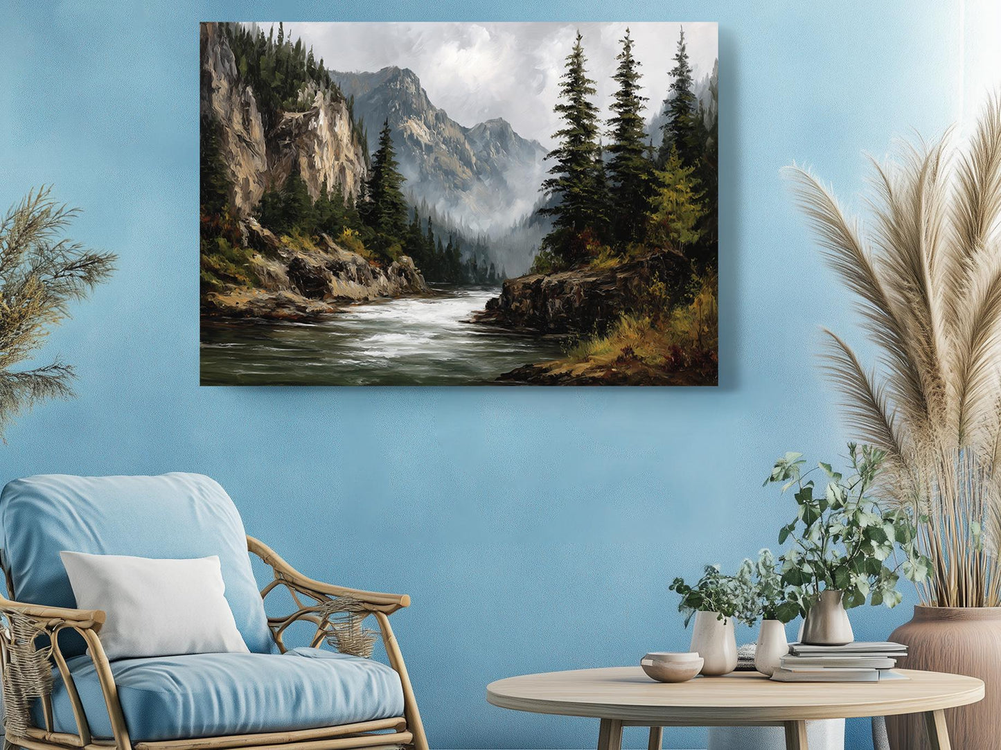 Rocky Mountain Canvas Art - Dramatic Cliff & Forest Landscape Wall Decor Print
