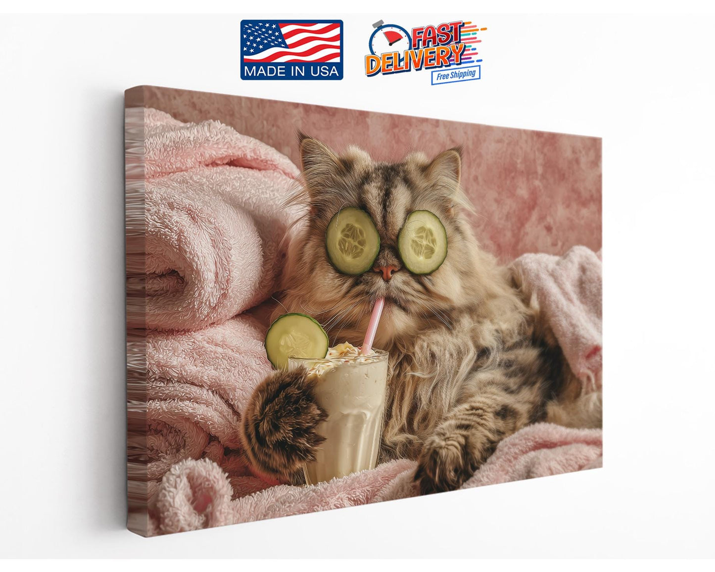 Funny Spa Cat Art - Humorous Animal Canvas Print | Framed or Rolled Wall Decor
