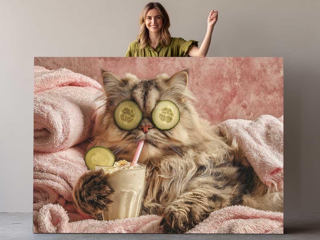 Funny Spa Cat Art - Humorous Animal Canvas Print | Framed or Rolled Wall Decor