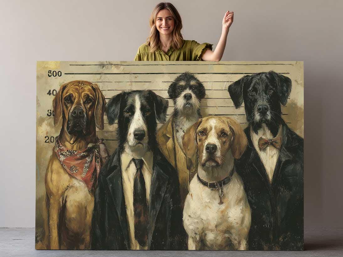 Dog Police Lineup Art - Humorous Canvas Wall Art | Ready to Hang or Rolled Print