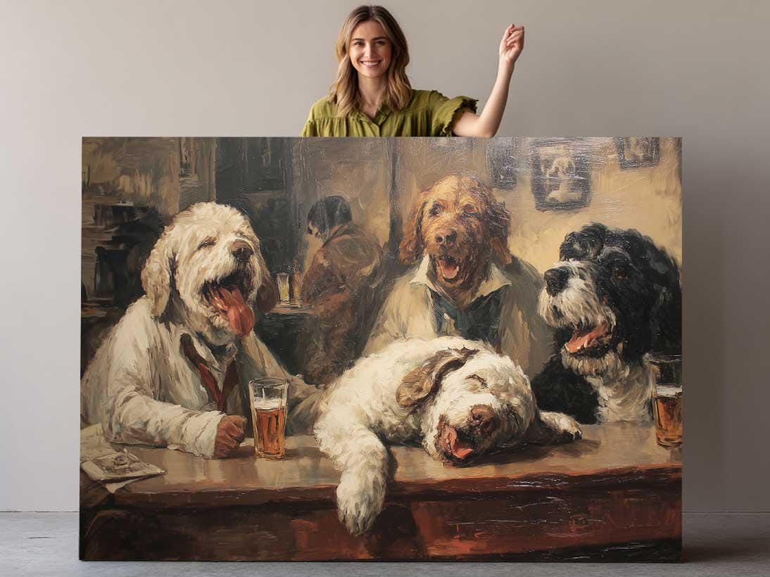 Dogs at Pub Canvas - Vintage Bar Art | Funny Dog Print Ready to Hang