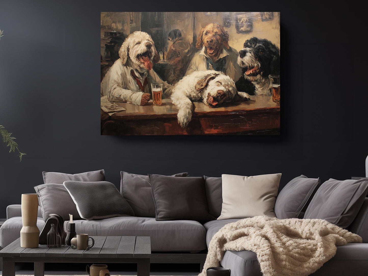 Dogs at Pub Canvas - Vintage Bar Art | Funny Dog Print Ready to Hang