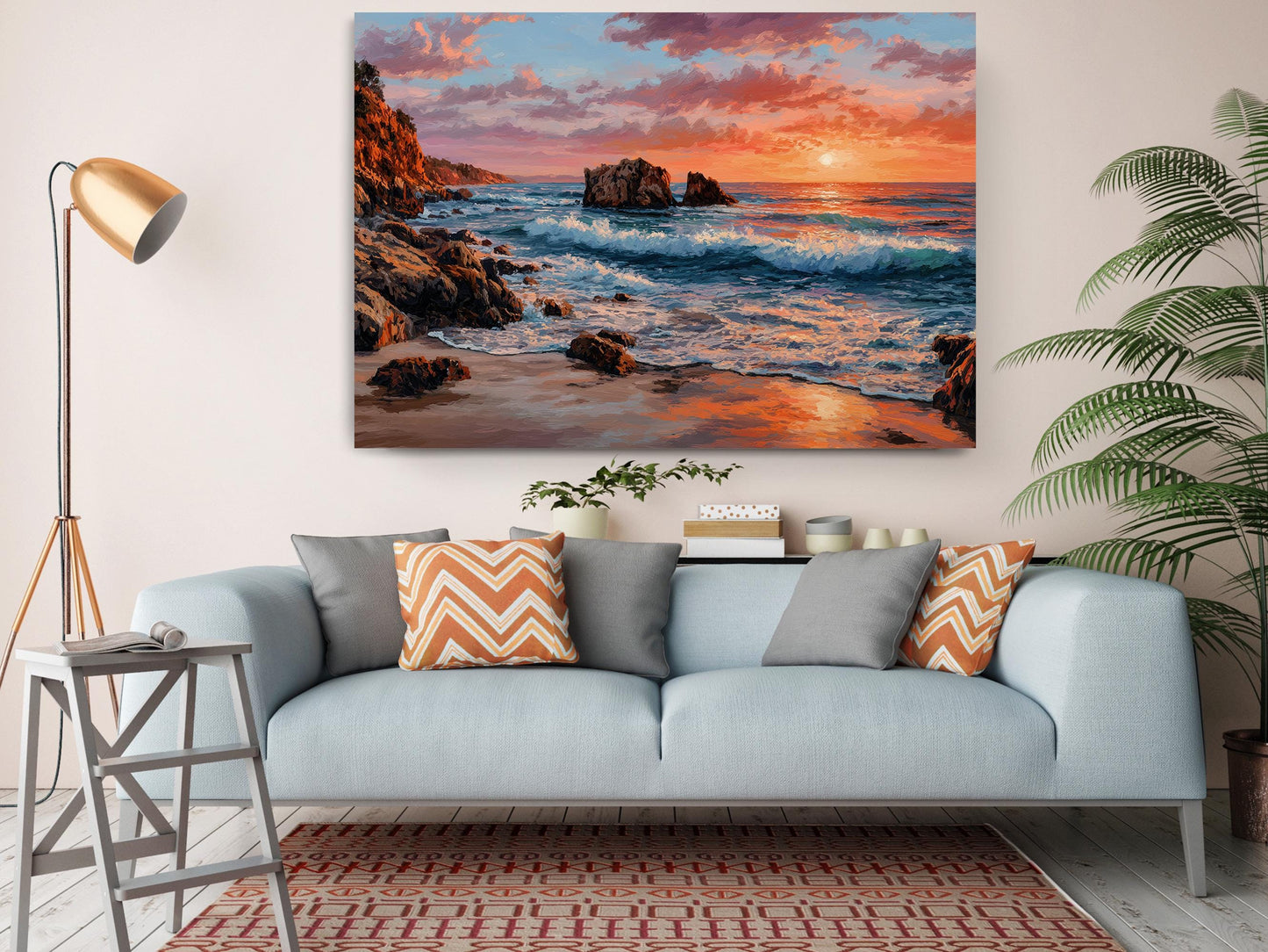 Coastal Canvas Wall Art – Sunset Ocean Waves Rocky Shore Framed or Rolled Print